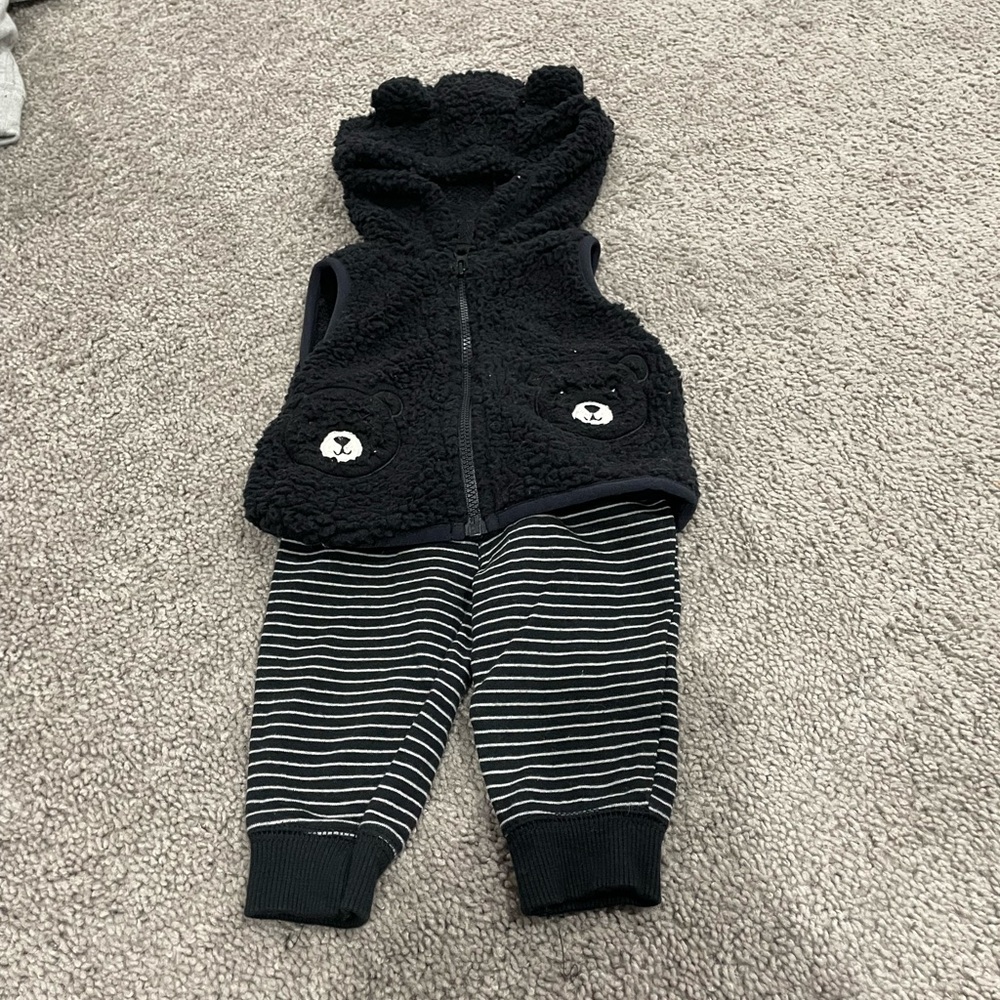 Bear Hood with ears fuzzy vest and striped pants size 3 months